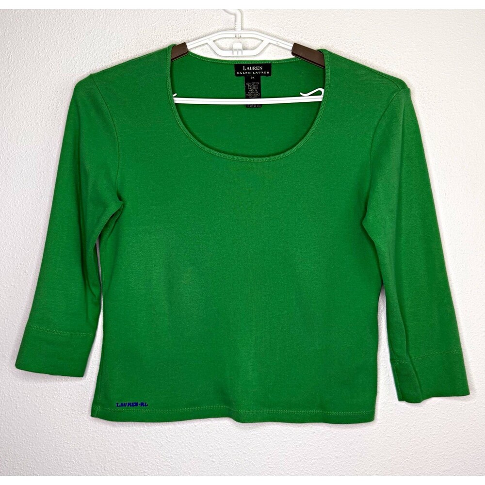Lauren Ralph Lauren Women’s Green Knit Scoop Neck 3/4 Sleeve Top Cotton Size M